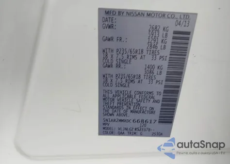 2013 Nissan Pathfinder Sl from USA, damaged, VIN 5N1AR2MMXDC668617